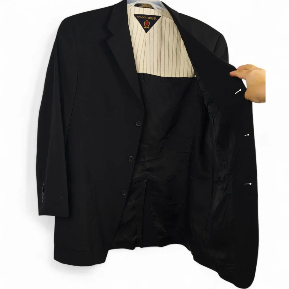 VTG Tommy Hilfiger Dillard's Blazer 42R Black Wool Lycra 3-Button Patch Pockets